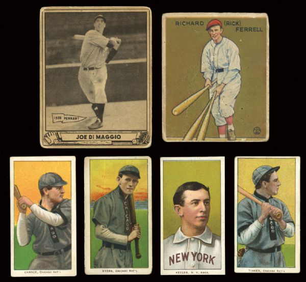 PRE-WAR HALL OF FAME LOT OF 6 INC. DIMAGGIO, TINKER, EVERS, CHANCE