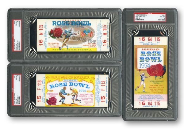 1966, 1971, 1973, 1974, 1975, AND 1976 ROSE BOWL PSA GRADED FULL UNUSED TICKET LOT OF 6