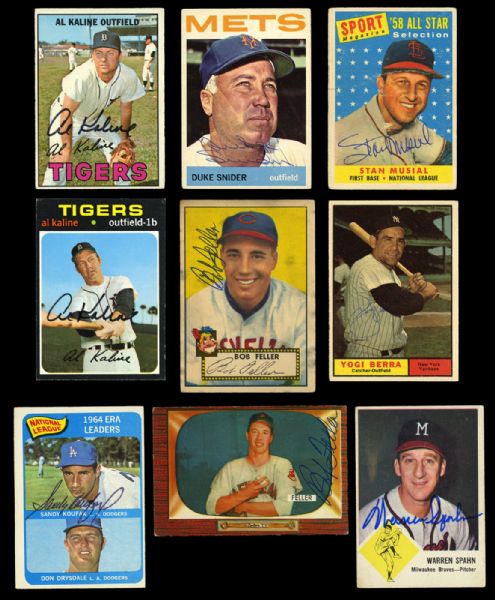1955 THROUGH 1974 MOSTLY TOPPS AUTOGRAPHED CARD LOT OF 21 INC. HALL OF FAMERS
