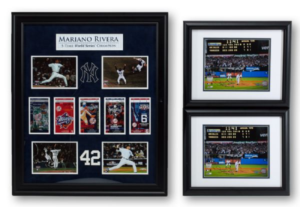 MARIANO RIVERA SIGNED (2) 8 X 10 PHOTOS WITH INSCRIPTIONS AND UNSIGNED COLLAGE OF RIVERA TITLED "5-TIME WORLD CHAMPION" WITH REPLICA WORLD SERIES TICKETS (STEINER COA)