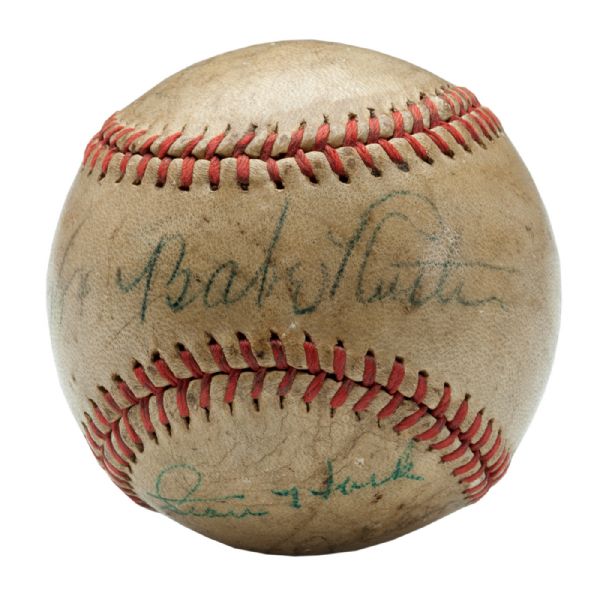 BABE RUTH SIGNED BASEBALL WITH STAN HACK AND ONE OTHER