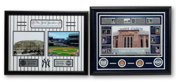 LOT OF (2) NEW YORK YANKEES COLLAGES FEATURING DIRT FROM YANKEES STADIUM IN 2008 / 2009 AND PHOTOS OF OPENING DAY OF YANKEES STADIUM IN 1923 AND 2009