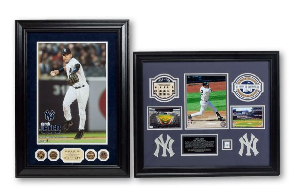 DEREK JETER LOT OF LIMITED EDITION (3/500) COLLAGE OF PHOTOS WITH A PIECE OF GAME WORN JERSEY FROM 2009 SEASON (MLB AUTHENTICATED) AND 13 X 22 PHOTO WITH GOLD OVERLAY MEDALLIONS