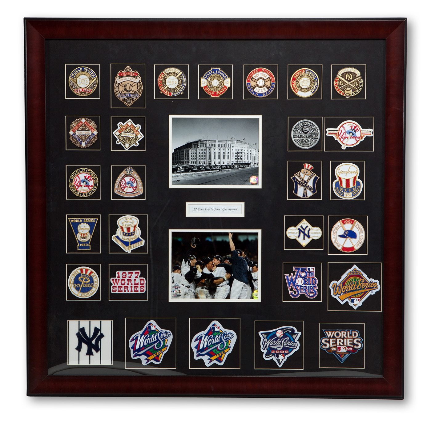 Lot Detail - NEW YORK YANKEES FRAMED COLLAGE OF 27 REPLICA WORLD
