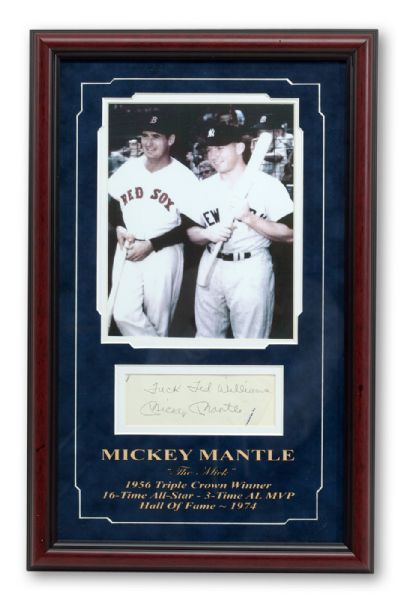 FRAMED MICKEY MANTLE SIGNED CUT W/RARE OBSCENITY INSCRIPTION TO TED WILLIAMS PSA/DNA AUTH