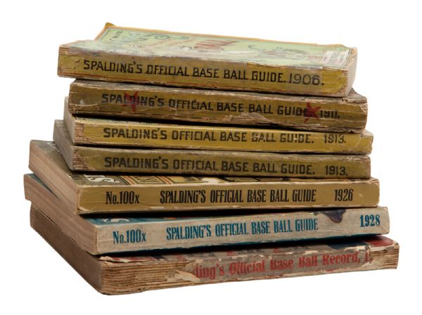 1906, 1911, 1913 (2), 1926, 1928 SPALDING BASEBALL GUIDE LOT OF 6 PLUS A 1918 SPALDING OFFICIAL RECORD BOOK