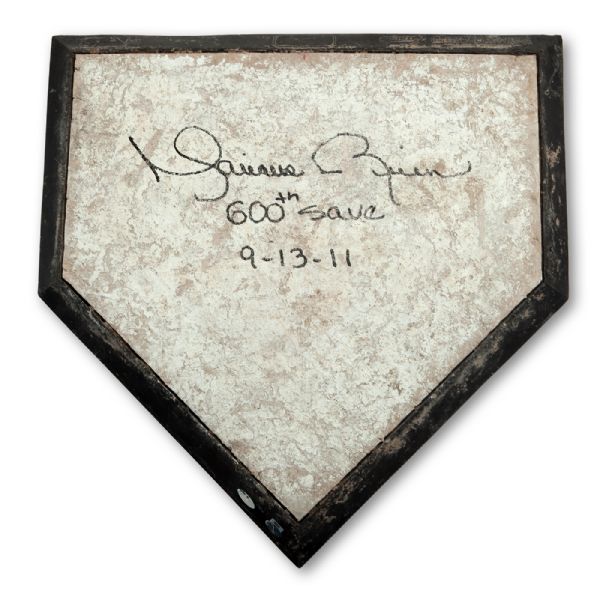 HISTORIC 2011 MARIANO RIVERA GAME USED AND SIGNED HOME PLATE FROM RIVERAS 600TH SAVE ON 9-13-11 (STEINER LOA)
