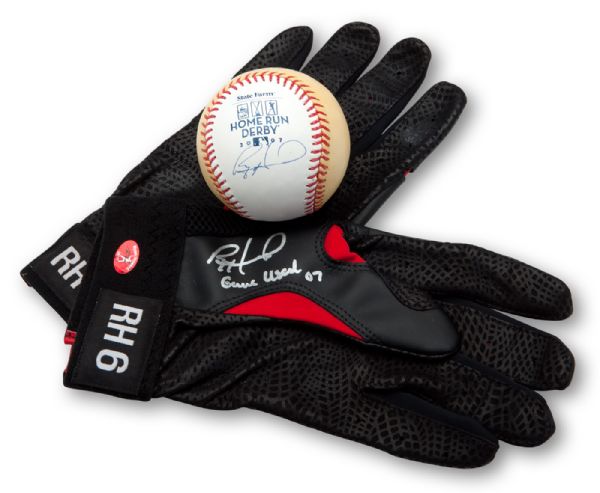 2007 RYAN HOWARD AUTOGRAPHED GAME WORN BATTING GLOVES AND AUTOGRAPHED 2007 HOME RUN DERBY BASEBALL (HOWARD HOLO.)