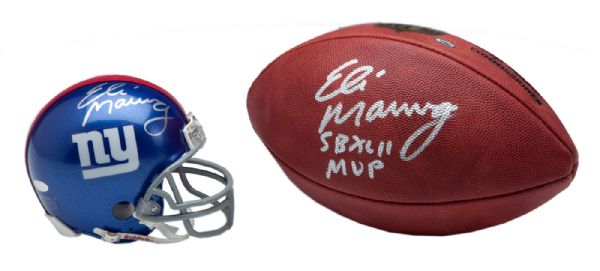 LOT OF (2) ELI MANNING SIGNED WILSON OFFICIAL NFL FOOTBALL WITH INSCRIPTION "SB XLII MVP" AND MINI NEW YORK GIANTS MINI HELMET (STEINER COA)