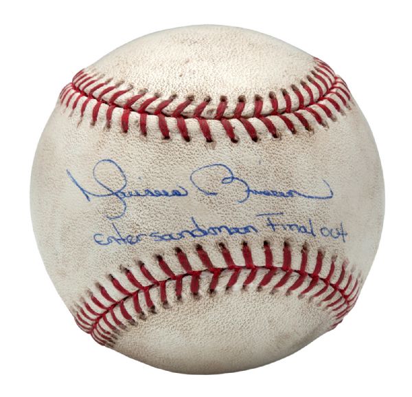 2010 MARIANO RIVERA SIGNED OML (SELIG) GAME USED FINAL OUT BASEBALL FROM ONE OF HIS 33 SAVES WITH INSCRIPTION "ENTER SANDMAN, FINAL OUT" (FULL STEINER MARIANO RIVERA SIGNED LOA)       