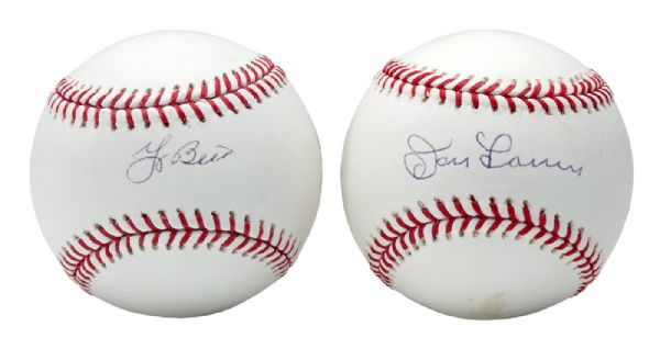 1956 WORLD SERIES PERFECT GAME DUO SIGNED LIMITED EDITION (103/156) OML (SELIG) BASEBALLS BY DON LARSEN AND YOGI BERRA WITH DISPLAY CASE (MLB AUTHENTICATED)