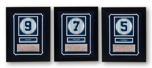 LOT OF (3) RETIRED REPLICA NUMBERS AND BRICK SLICES FROM MONUMENT PARK IN A 14 X 18 COLLAGE WITH NAME PLATES FEATURING JOE DIMAGGIO, MICKEY MANTLE AND ROGER MARIS (STEINER COA)