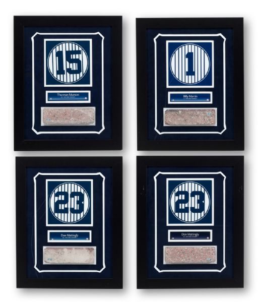 LOT OF (4) RETIRED REPLICA NUMBERS AND BRICK SLICES FROM MONUMENT PARK IN A 14 X 18 COLLAGE WITH NAME PLATES FEATURING BILLY MARTIN, THURMAN MUNSON, AND DON MATTINGLY (X2) (STEINER COA)