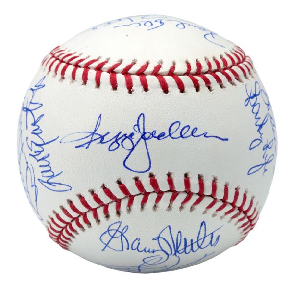 1977-1978 WORLD CHAMPION NEW YORK YANKEES MULTI SIGNED (18 SIGNATURES) OML (SELIG) BASEBALL INCLUDING YOGI BERRA, REGGIE JACKSON, GOOSE GOSSAGE AND MANY OTHERS (STEINER LOGO AND MLB AUTHENTICATED)