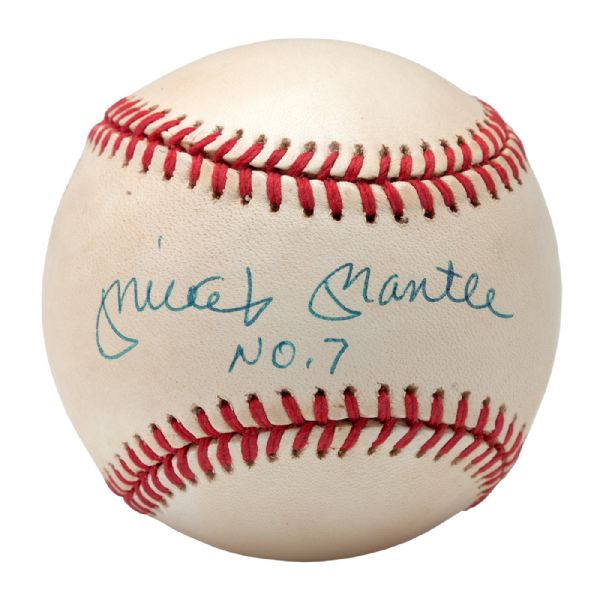 MICKEY MANTLE SINGLE SIGNED OAL (BROWN) BASEBALL WITH INSCRIPTION "NO. 7"