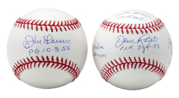 LOT OF (2) NEW YORK YANKEES SIGNED NO HITTER REUNION BASEBALLS - INCL. DON LARSEN WITH PERFECT GAME INSCRIPTION AND RIGHETTI/GOODEN/ABBOTT TRIPLE SIGNED OML (SELIG) WITH NO HITTER DATES INSCRIBED
