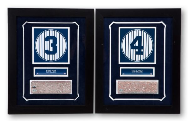 LOT OF (2) RETIRED REPLICA NUMBERS AND BRICK SLICES FROM MONUMENT PARK IN A 14 X 18 COLLAGE WITH NAME PLATES FEATURING BABE RUTH AND LOU GEHRIG (STEINER COA)