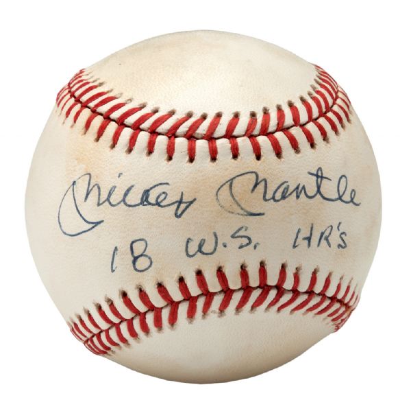 MICKEY MANTLE SINGLE SIGNED BASEBALL INSCRIBED "18 W.S. HRS"