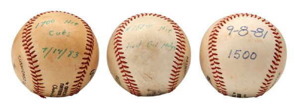 BILL RUSSELLS LOT OF (3) SIGNED PERSONAL MILESTONE BASEBALLS INCLUDING HITS. #1500, #1700 AND #1884 (WHICH TIED HIM WITH GIL HODGES ALL TIME IN DODGER HISTORY) (RUSSELL LOA)