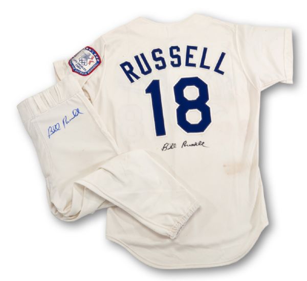 BILL RUSSELLS 1984 LOS ANGELES DODGERS GAME WORN AND SIGNED HOME JERSEY AND PANTS WITH OLYMPIC YEAR PATCH (RUSSELL LOA)