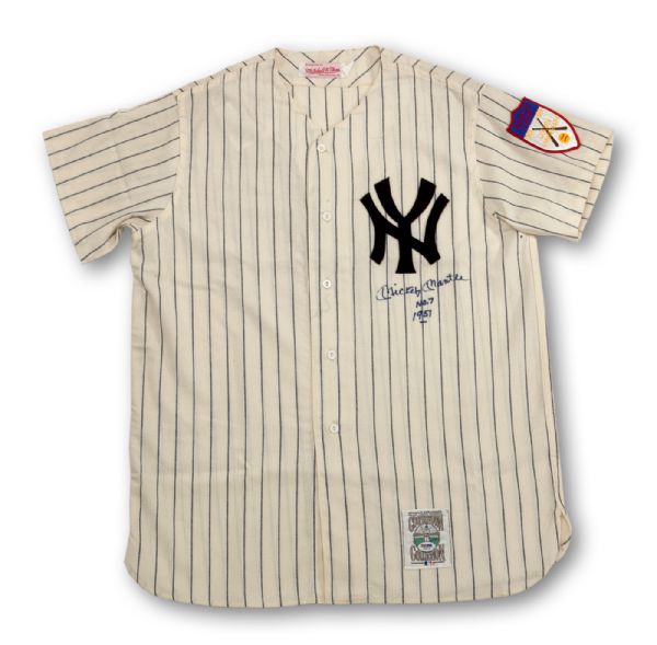 MICKEY MANTLE AUTOGRAPHED 1951 NEW YORK YANKEES HOME REPLICA JERSEY WITH "NO. 7" AND "1951" INSCRIPTIONS