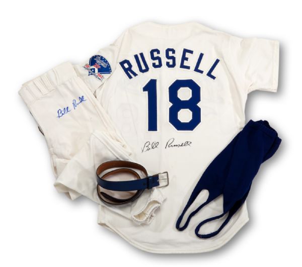 BILL RUSSELLS 1983 LOS ANGELES DODGERS GAME WORN AND SIGNED HOME JERSEY AND PANTS WITH 25 YEAR LOS ANGELES DODGERS PATCH INCLUDING UNIFORM BELT AND SOCKS(RUSSELL LOA)