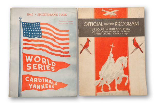 1931 (ST. LOUIS CARDINALS VS. PHILADELPHIA ATHLETICS) AND 1942 (ST. LOUIS CARDINALS VS. NEW YORK YANKEES) WORLD SERIES PROGRAM LOT OF (2) 