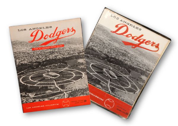 BILL RUSSELLS LOT OF (2) SCORECARDS INCLUDING THE 1958 ORIGINAL PHOTO OF DODGER STADIUM AND SCORE CARD LAYOUT USED TO CREATE THE 1958 SCORE CARD (RUSSELL LOA)