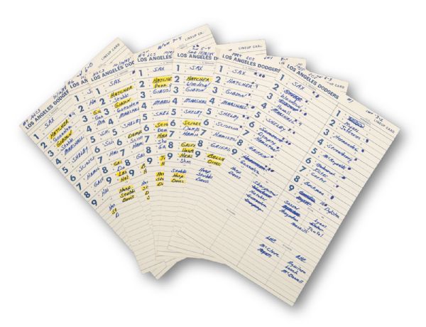 BILL RUSSELLS 1988 LOS ANGELES DODGERS NLCS LINE UP CARDS VS. NEW YORK METS (ALL 7 GAMES) (RUSSELL LOA)