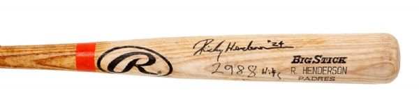 RICKEY HENDERSON AUTOGRAPHED 2001 RAWLINGS PROFESSIONAL MODEL BAT USED FOR CAREER HIT #2988 