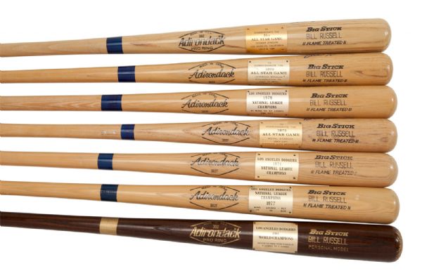 BILL RUSSELLS COLLECTION OF 7 ADIRONDACK BIG STICK BATS - 1981 WORLD SERIES CHAMPION; 1974, 1977, & 1978 NATIONAL LEAGUE CHAMPION; AND 1973, 1976, & 1980 ALL-STAR GAME (RUSSELL LOA)