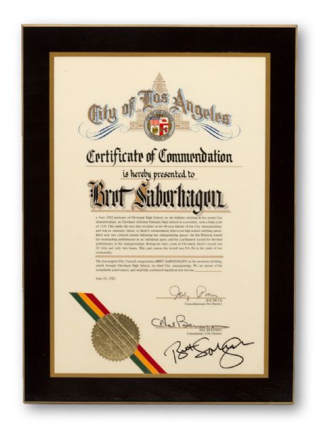 BRET SABERHAGENS SIGNED 1982 CITY OF LOS ANGELES AWARD FOR BASEBALL SUCCESS INCLUDING THE LA CITY CHAMPIONSHIP (SABERHAGEN LOA)