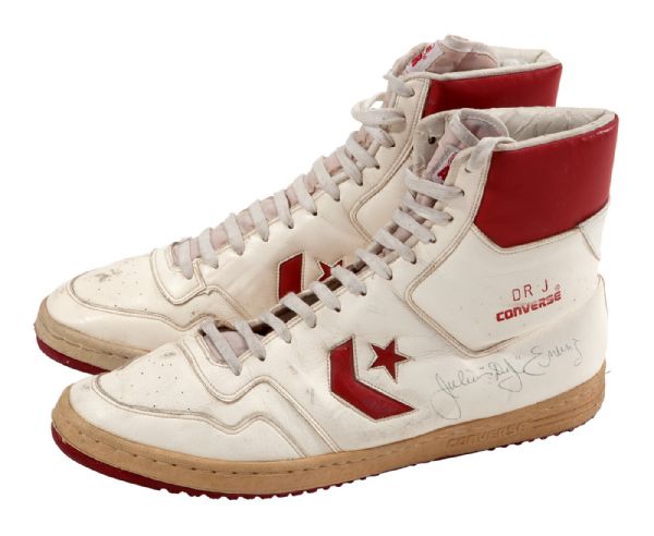 MID 1980S JULIUS "DR. J" ERVING GAME WORN AND SIGNED CONVERSE ALL STAR SHOES (FICKE LOA)