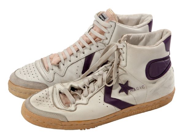 c. 1984 MAGIC JOHNSON GAME WORN AND SIGNED CONVERSE ALL STAR SHOES WITH "MAGIC" PRINTED ON SHOE (FICKE LOA)