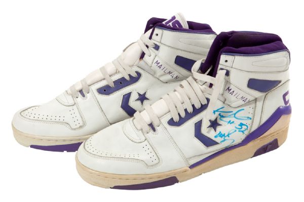 KARL MALONE GAME WORN AND SIGNED CONVERSE CONS SHOES (FICKE LOA)