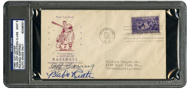  1939 BASEBALL HALL OF FAME FIRST DAY COVER SIGNED BY ELEVEN INAUGURAL INDUCTEES (PSA/DNA GRADED MINT 9)