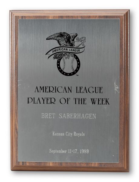 BRET SABERHAGENS SIGNED 1989 AMERICAN LEAGUE PLAYER OF THE WEEK FOR SEPTEMBER 11TH - 17TH (SABERHAGEN LOA)