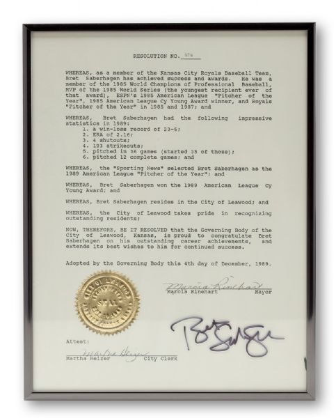 BRET SABERHAGENS SIGNED 1989 CITY OF LEAWOOD, KANSAS AWARD FOR OUTSTANDING ACHIEVEMENT (SABERHAGEN LOA)