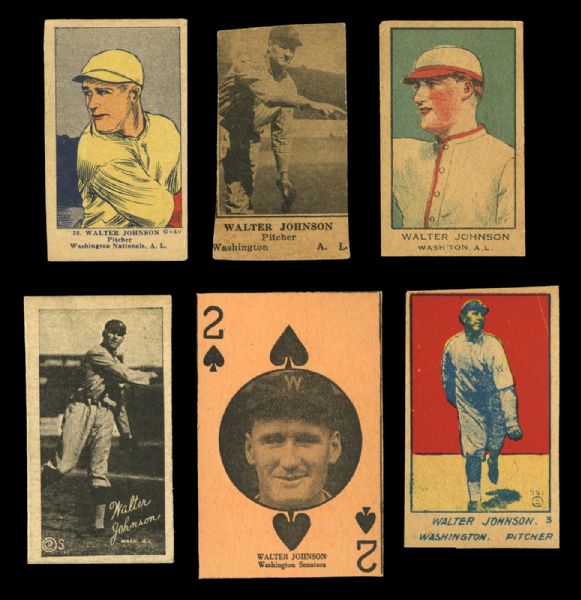 WALTER JOHNSON STRIP CARD LOT OF 6 - 1921 W516-2-1, 1921 W551, 1923 W515-1, 1923 W572, 1927 W560, AND 1925-31 W590 