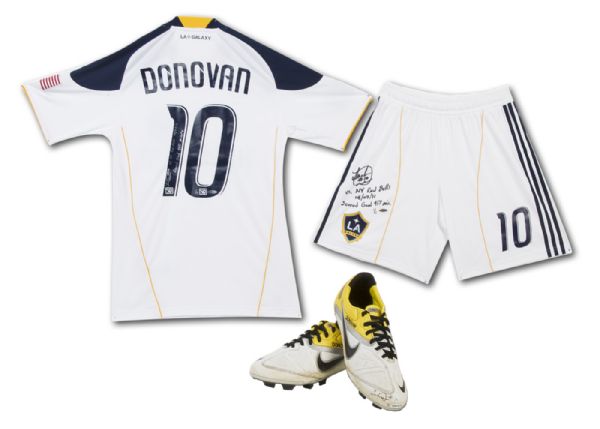  UPPER DECK AUTHENTICATED LANDON DONOVAN SIGNED AND INSCRIBED GAME WORN LA GALAXY JERSEY, SHORTS AND SHOES