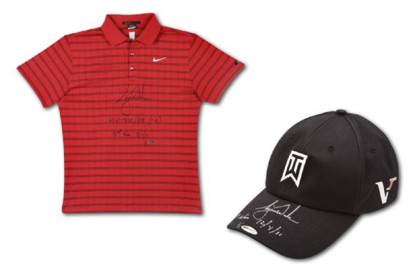  UPPER DECK AUTHENTICATED 2011 CHEVRON WORLD CHALLENGE TIGER WOODS SIGNED AND INSCRIBED MATCH WORN NIKE RED POLO AND CAP