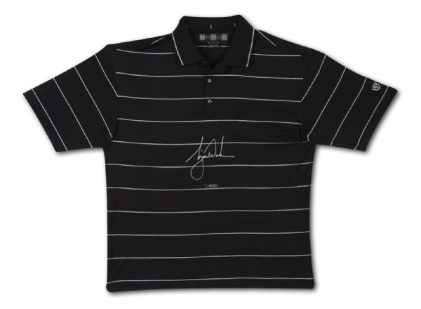  UPPER DECK AUTHENTICATED TIGER WOODS SIGNED MATCH WORN NIKE BLACK POLO SHIRT