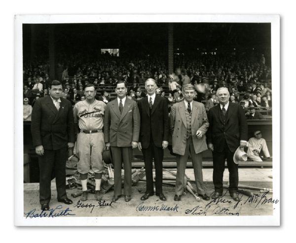 1931 WORLD SERIES PHOTOGRAPH AUTOGRAPHED BY BABE RUTH, CONNIE MACK, JOHN MCGRAW, GABBY STREET AND NICK ALTROCK