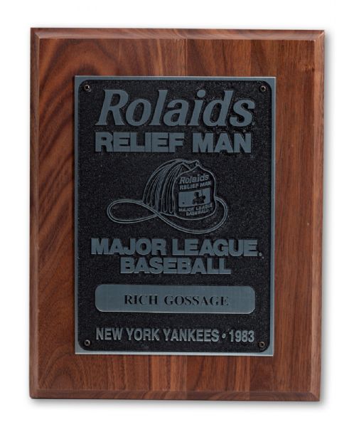 GOOSE GOSSAGES 1983 SIGNED NEW YORK YANKEES MAJOR LEAGUE BASEBALL ROLAIDS RELIEF MAN PLAQUE (GOSSAGE LOA)