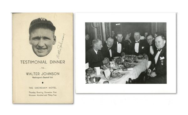WALTER JOHNSON AUTOGRAPHED 1932 TESTIMONIAL DINNER PROGRAM AND RELATED ORIGINAL EVENT PHOTOGRAPH