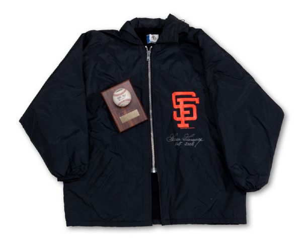 GOOSE GOSSAGES 1989 SAN FRANCISCO GIANTS GAME WORN & SIGNED BULLPEN JACKET AND 1ST GIANTS SAVE (303RD OF CAREER) GAME BALL SIGNED ON WOODEN PLAQUE (GOSSAGE LOA)