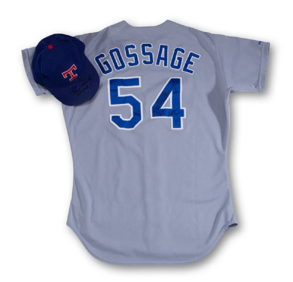 GOOSE GOSSAGES 1991 TEXAS RANGERS GAME WORN & SIGNED ROAD JERSEY AND CAP (GOSSAGE LOA)