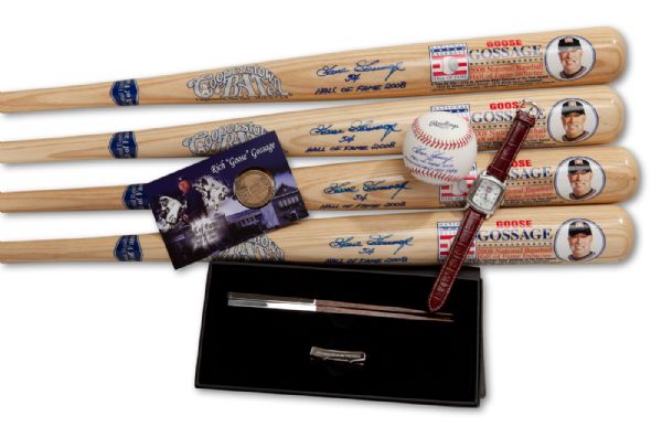 GOOSE GOSSAGES LOT OF (11) 2008 NATIONAL BASEBALL HALL OF FAME INDUCTION ITEMS INCL. (4) SIGNED BATS, (1) HOF ANNOUNCEMENT DAY SIGNED BASEBALL, (1) HOF NAME-ENGRAVED WATCH AND OTHERS (GOSSAGE LOA)