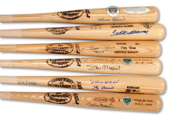 GOOSE GOSSAGES PERSONAL LOT OF (6) SIGNED H&B BATS INCLUDING TED WILLIAMS, STAN MUSIAL (2), YOGI BERRA, HARMON KILLEBREW, AND PETE ROSE (GOSSAGE LOA)
