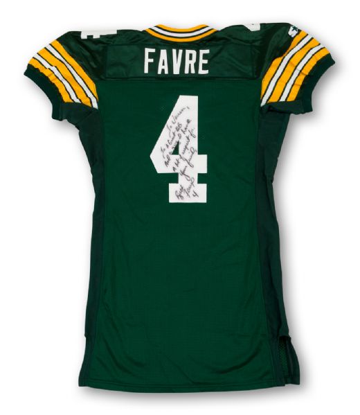 BRETT FAVRE 1994 GREEN BAY PACKERS GAME ISSUED & SIGNED JERSEY INSCRIBED TO WARREN MOON (MOON LOA)